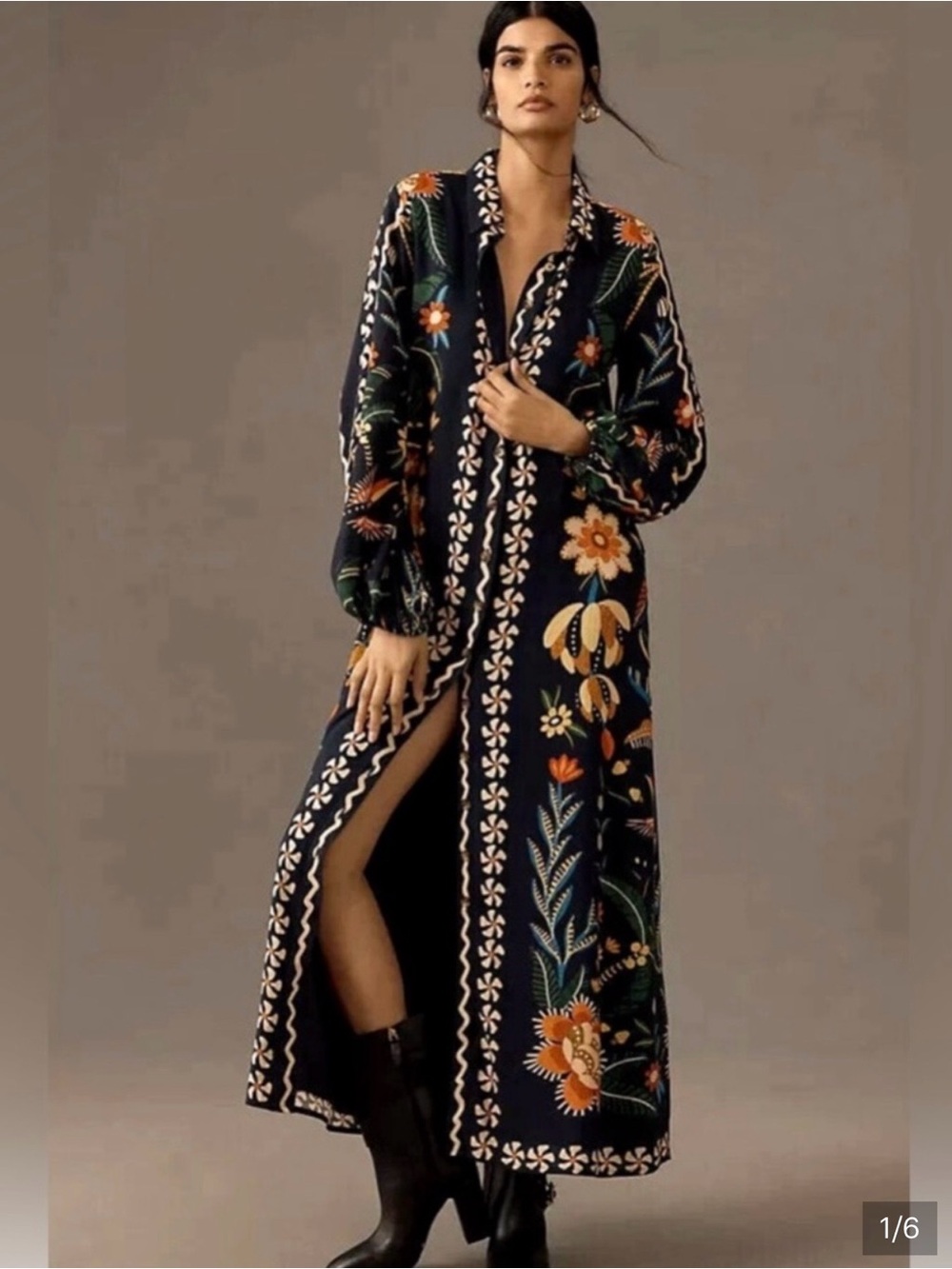 FARM Floral Embroidered Maxi Shirt Dress - Navy
